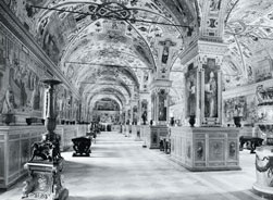 Image: Interior of Vatican Library with arched, decorated ceiling